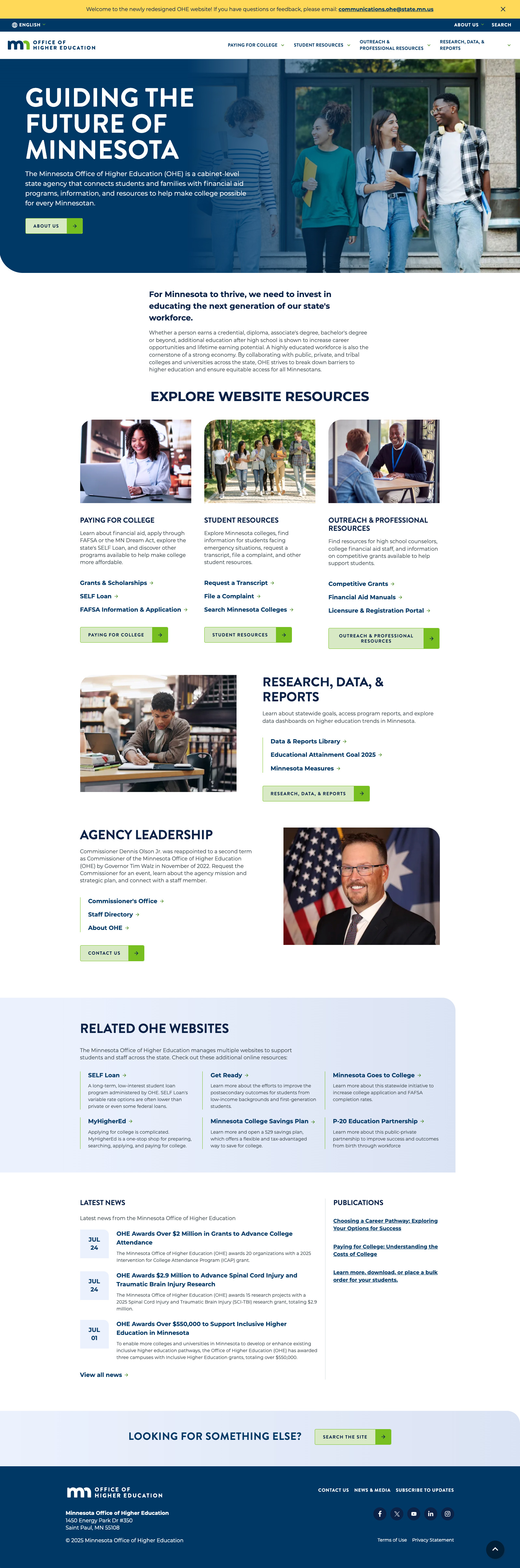 A screenshot of the Office of Higher Education Minnesota homepage, at desktop size.