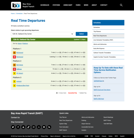 A screenshot of the BART "Real Time Departures" page, demonstrating updating and filterable information.