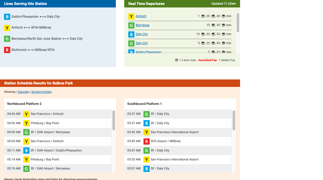 A screenshot of the real-time updates from the Bay Area Rapid Transit website.