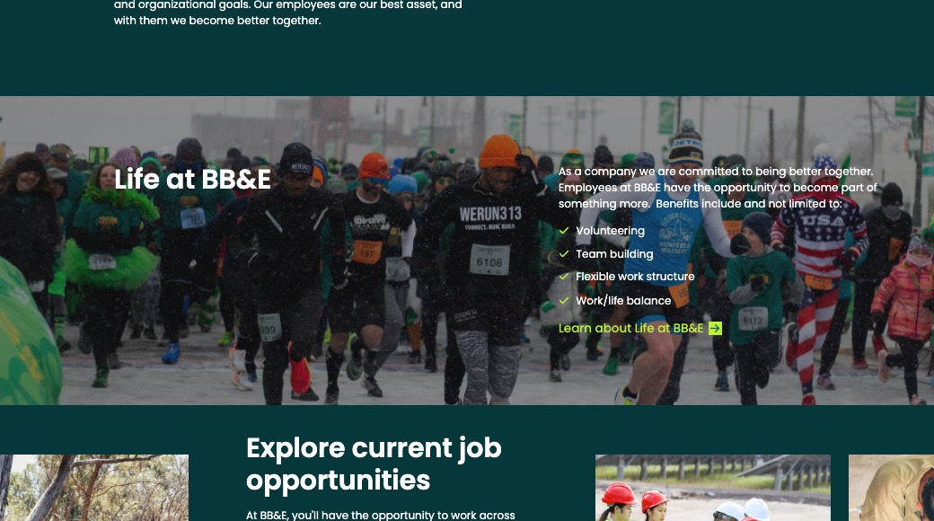 Screenshot of the BB&E website demonstrating accessibility standards and clean design.