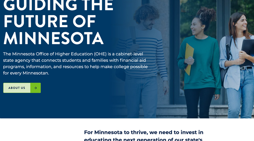 A screenshot of the Office of Higher Education Minnesota homepage, demonstrating accessible, easy-to-read content..